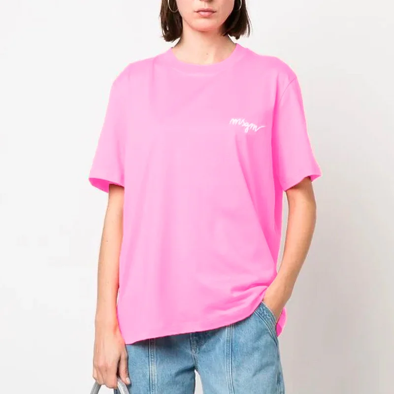 Round neck cotton T-shirt with embroidered logo Pink