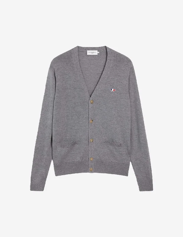 Unisex Tricolor Fox Patch Classic Cardigan Grey Melange