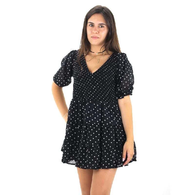 Women's Polka Dots Ruffle Mini Dress,Black