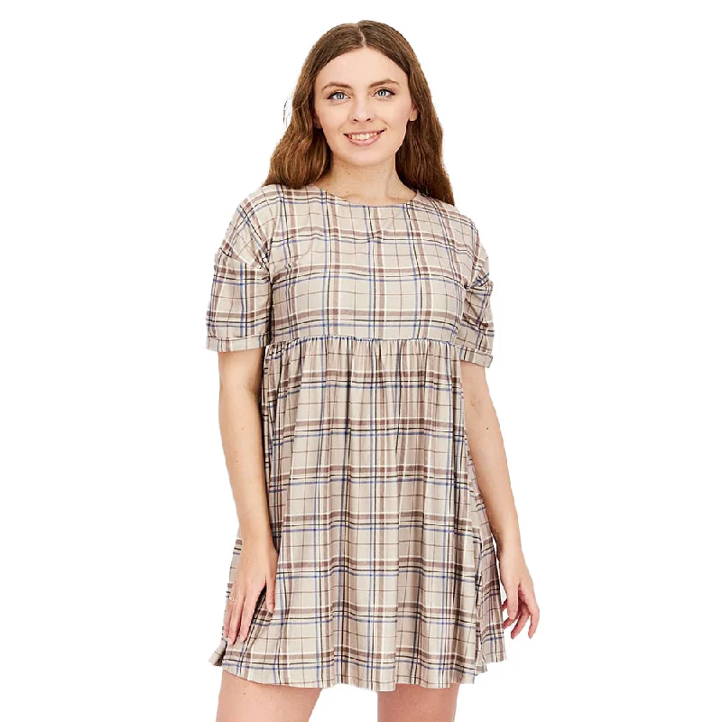 Women's Plaid Smock Mini Dress,Beige