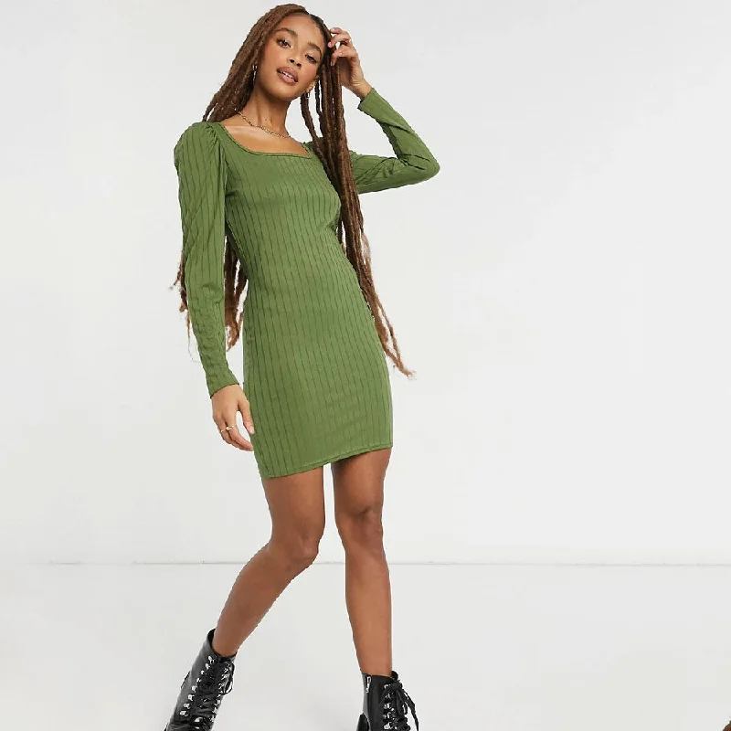 Women's Ribbed Square Neck Dress,Green