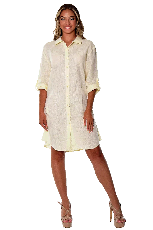 Azucar Ladies 100% Linen Yarn-Dye - 3/4 Sleeve Roll-Up In (9) Colors (2) Pocket Design Shirt/Dress - LLD1725