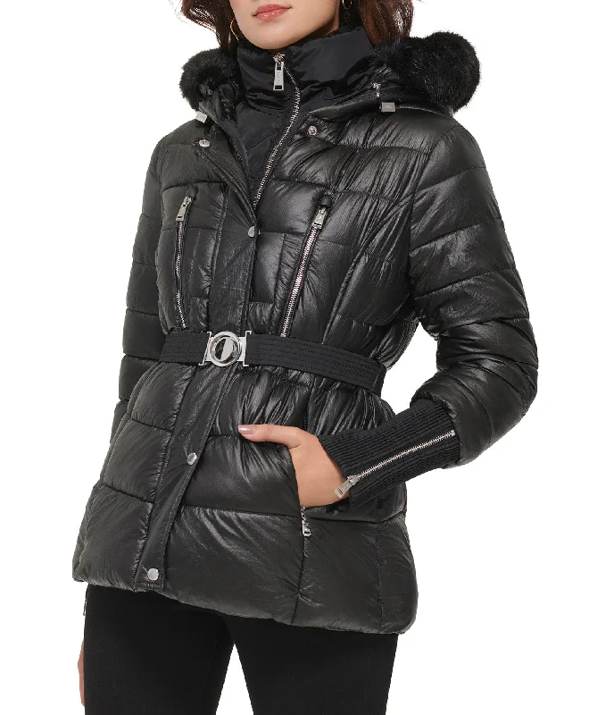 Apres Ski Crinkle Metallic Belted Coat With Hood