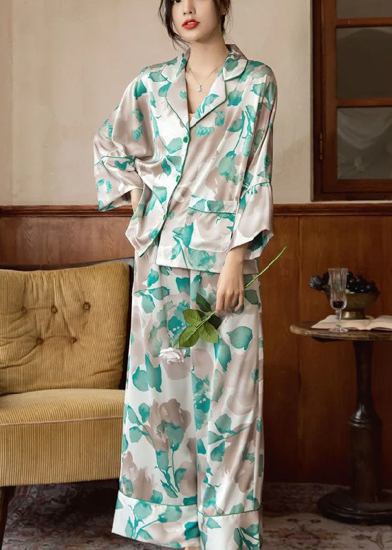 Beautiful Green Print Oversized Ice Silk Pajamas Two Pieces Set Bracelet Sleeve