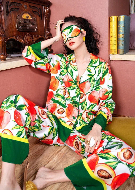 Bohemian Turn-down Collar Oversized Print Ice Silk Pajamas Two Pieces Set Spring