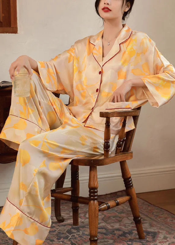 Bohemian Yellow Print Oversized Ice Silk Pajamas Two Piece Set Batwing Sleeve