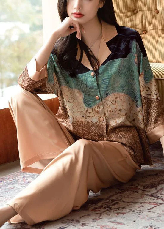 Unique Khaki Notched Collar Print Ice Silk Pajamas Two Pieces Set Bracelet Sleeve